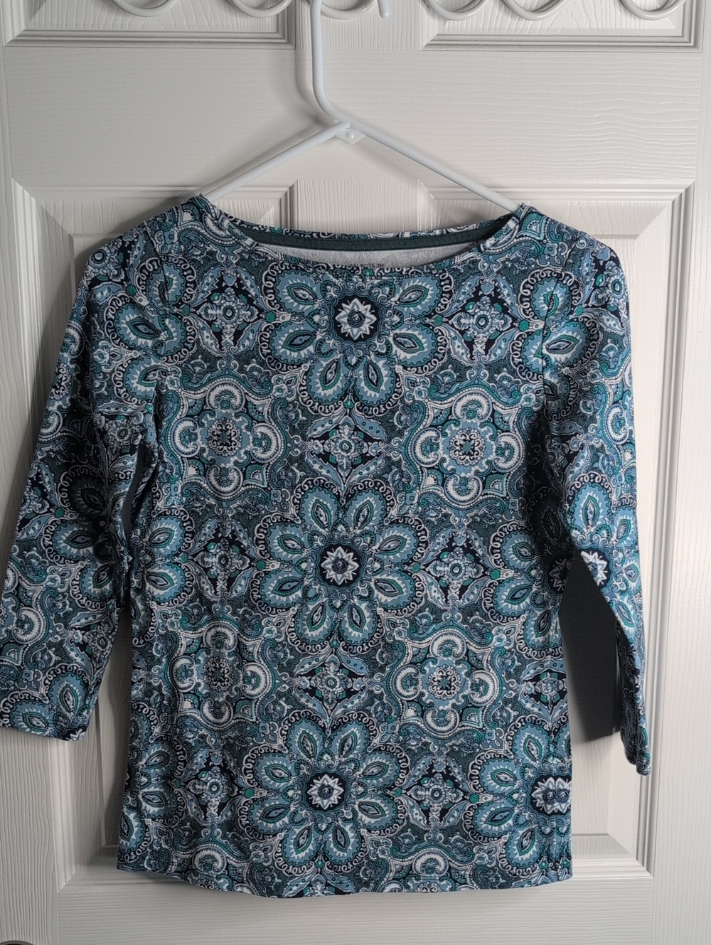 Talbots Teal and Navy Floral Medallion Long Sleeve Shirt
